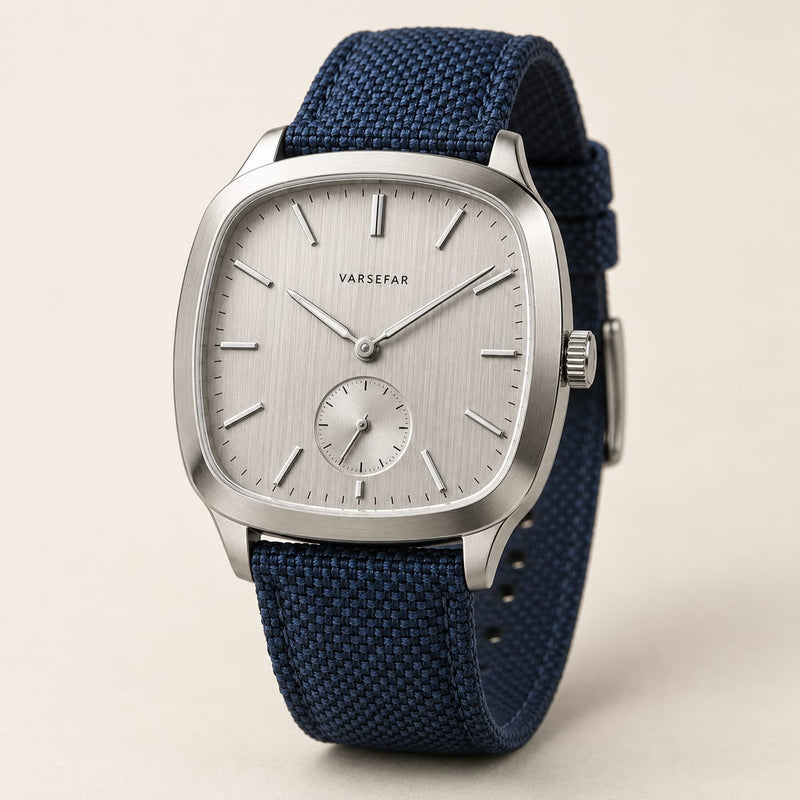 Varsefar Tide watch with silver dial and navy strap